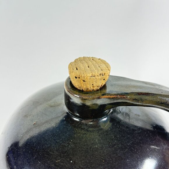 Vintage Stoneware Whiskey Jug Brown & Cream Glazed Pottery Crock w/ Cork Handle - Picture 4 of 13